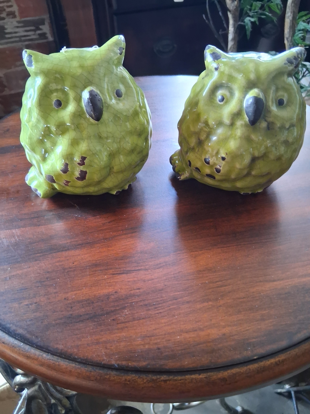 Green Ceramic Owl Figurines - Pair